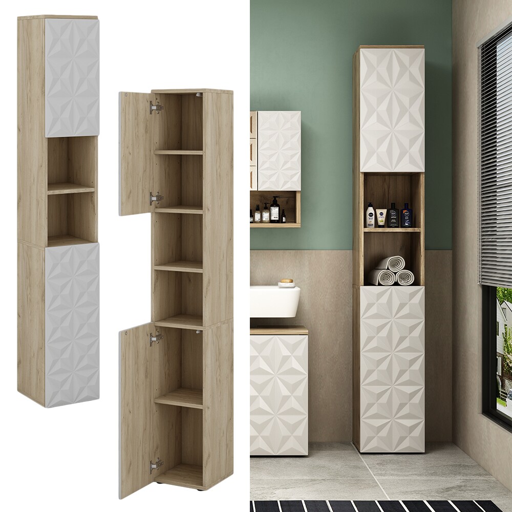 Vicco Hochschrank Badschrank Badezimmermöbel Edge Eiche Weiß modern 30x190 cm Badkommode Badezimmer Schrank Badmöbel 2 Türen 6 Fächer