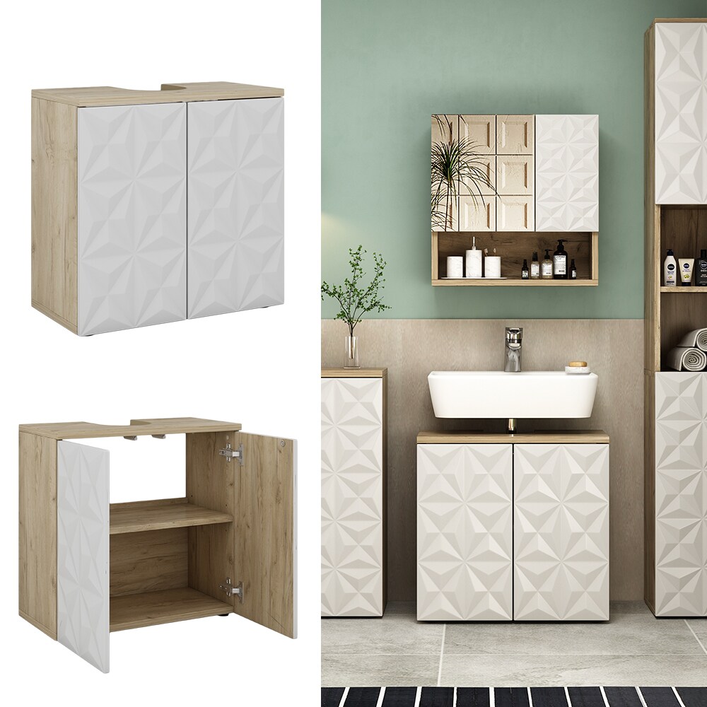 Vicco Waschtischunterschrank Waschbeckenunterschrank Edge Eiche Wei&szlig; modern 60x57 cm Badezimmer Schrank Badschrank Badkommode Badm&ouml;bel 2 T&uuml;ren - Bild 1