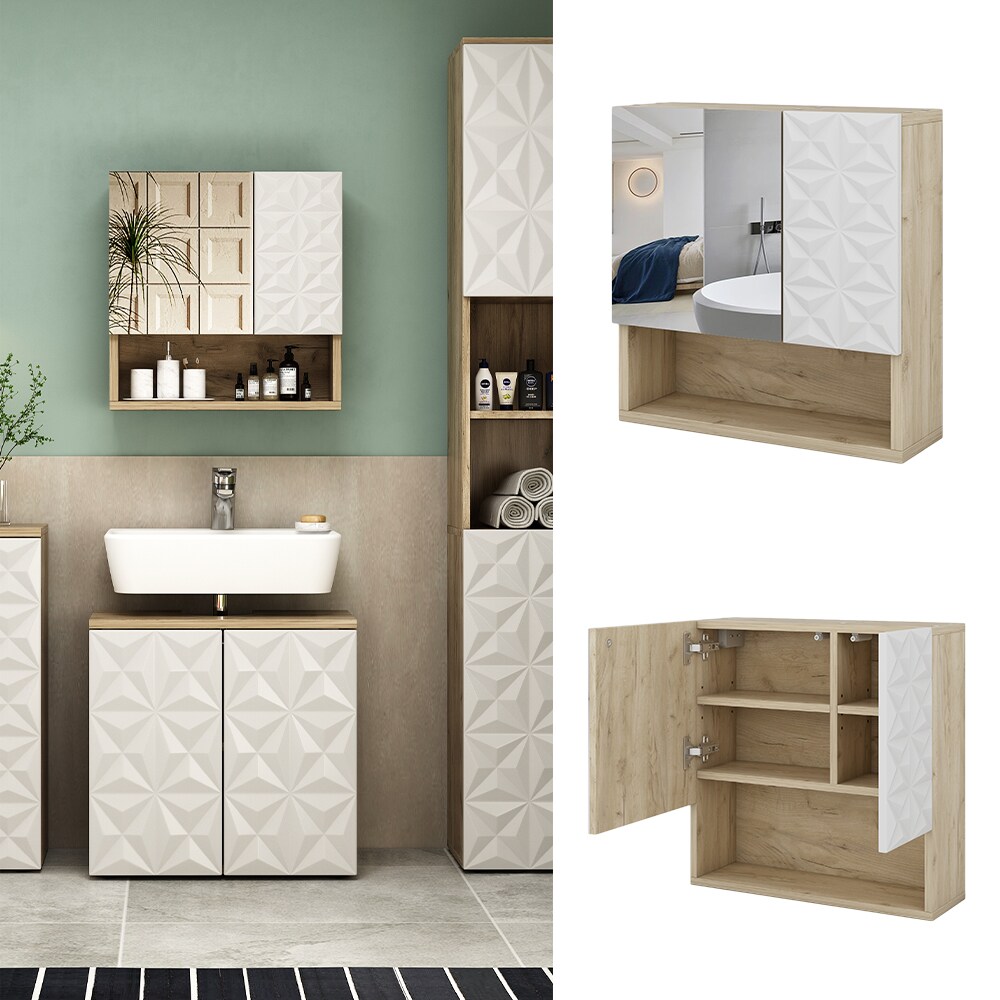 Vicco Spiegelschrank Badspiegel Wandspiegel Edge Eiche Weiß modern 54x55 cm Badezimmer Schrank Badschrank Badezimmermöbel Badmöbel 2 Türen