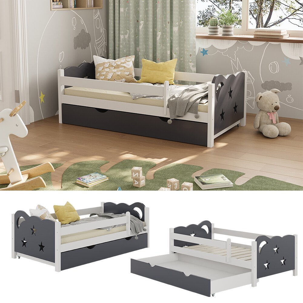 VitaliSpa Kinderbett Einzelbett Juniorbett Jessica Weiß Grau 140x70 cm modern Kinderzimmer Bett Bettschublade Rausfallschutz