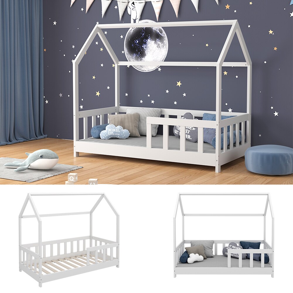VitaliSpa Kinderbett Bettenhaus Einzelbett Michelle Weiß 140 x 70 cm modern Kinderzimmer Bett Lattenrost Rausfallschutz