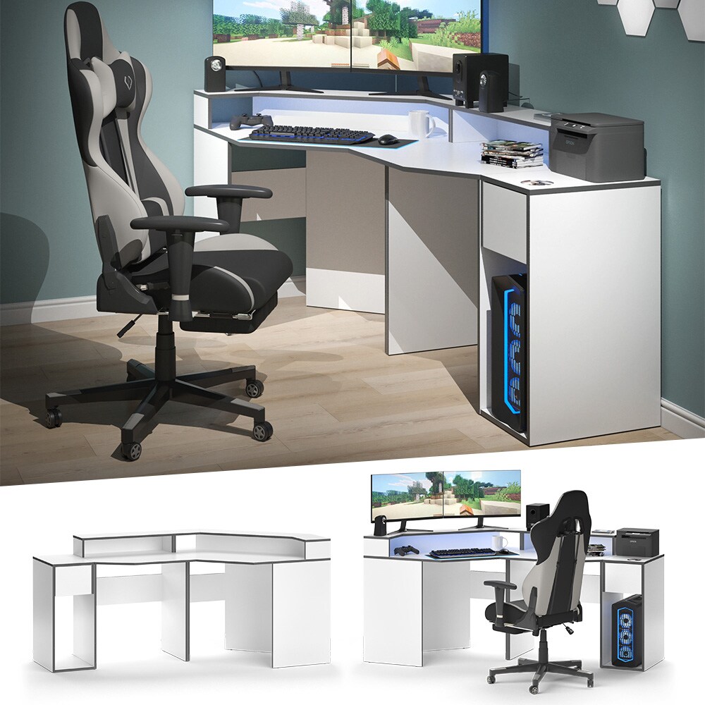 Vicco Computerm&ouml;belset Kron Wei&szlig; Grau modern Eckcomputertisch Schreibtisch Computerschrank B&uuml;rotisch PC-Tisch Arbeitszimmer Homeoffice B&uuml;rom&ouml;bel Monitorempore - Bild 1