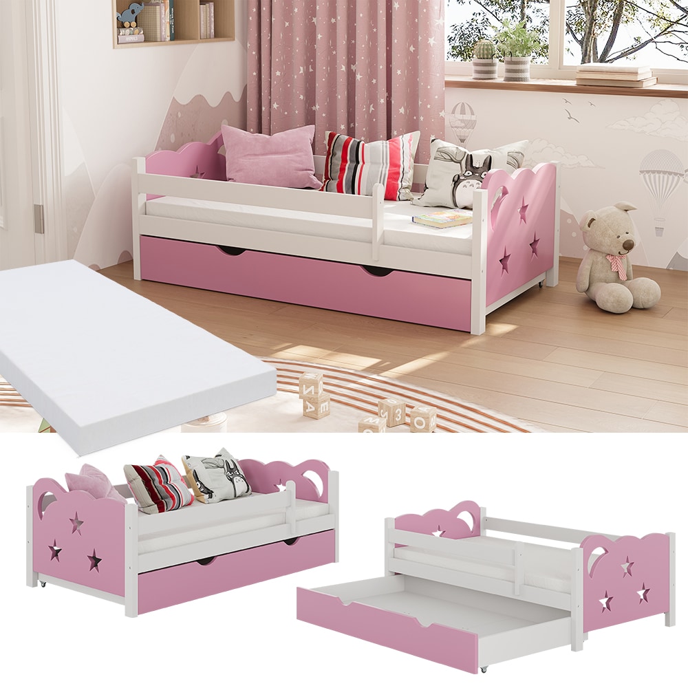 VitaliSpa Kinderbett Einzelbett Juniorbett Jessica Wei&szlig; Pink 140x70 cm Matratze modern Kinderzimmer Bett Bettschublade Rausfallschutz - Bild 1