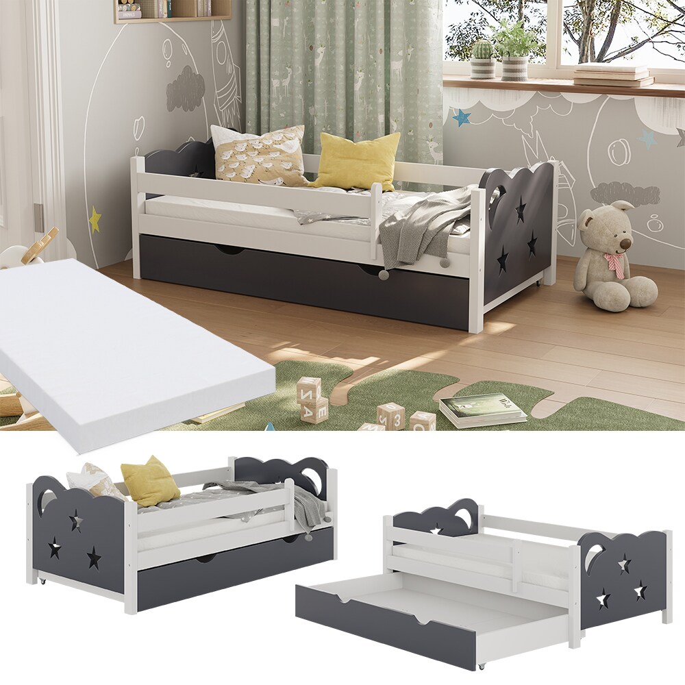 VitaliSpa Kinderbett Einzelbett Juniorbett Jessica Weiß Grau 140x70 cm Matratze modern Kinderzimmer Bett Bettschublade Rausfallschutz