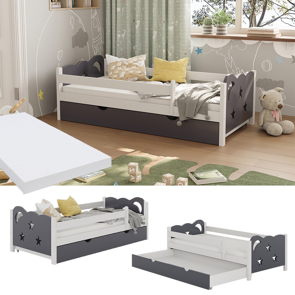 VitaliSpa Kinderbett Einzelbett Juniorbett Jessica Weiß Grau 160x80 cm Matratze modern Kinderzimmer Bett Bettschublade Rausfallschutz