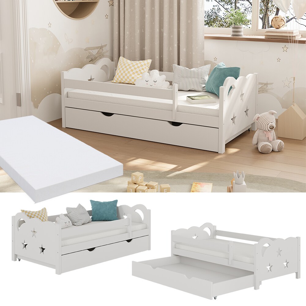 VitaliSpa Kinderbett Einzelbett Juniorbett Jessica Weiß 140x70 cm Matratze modern Kinderzimmer Bett Bettschublade Rausfallschutz