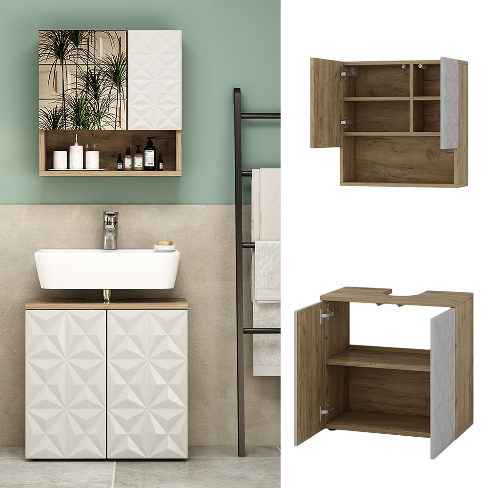 Vicco Badm&ouml;bel-Set Badezimmer-M&ouml;bel Bad-Schrank Edge Eiche Wei&szlig; modern Badezimmerschrank Waschbeckenunterschrank Spiegelschrank Badezimmerkommode - Bild 1