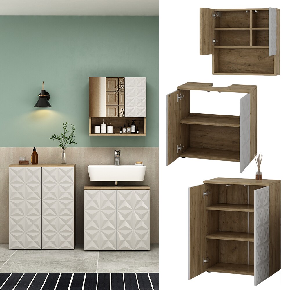 Vicco Badmöbel-Set Badezimmer-Möbel Bad-Schrank Edge Eiche Weiß modern Badezimmerschrank Waschbeckenunterschrank Spiegelschrank Badezimmerkommode