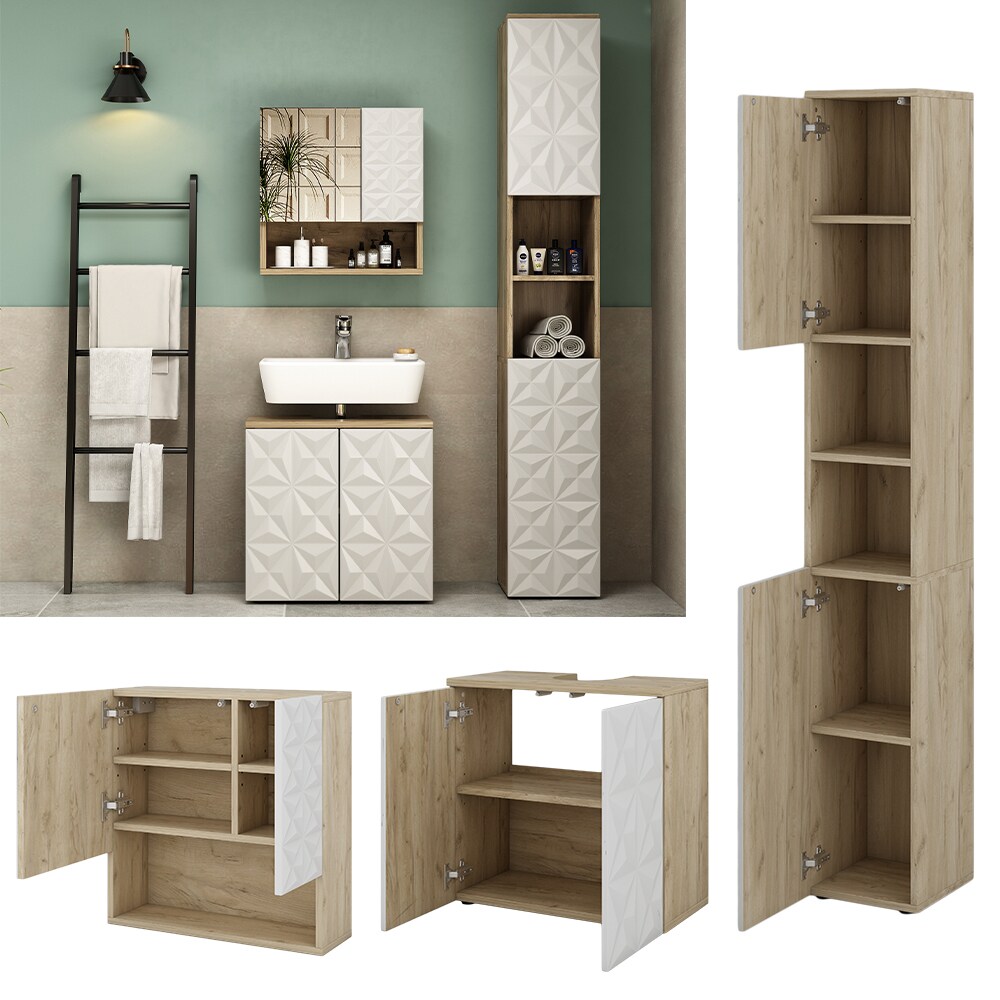 Vicco Badmöbel-Set Badezimmer-Möbel Bad-Schrank Edge Eiche Weiß modern Badezimmerschrank Waschbeckenunterschrank Spiegelschrank Hochschrank Badezimmerkommode