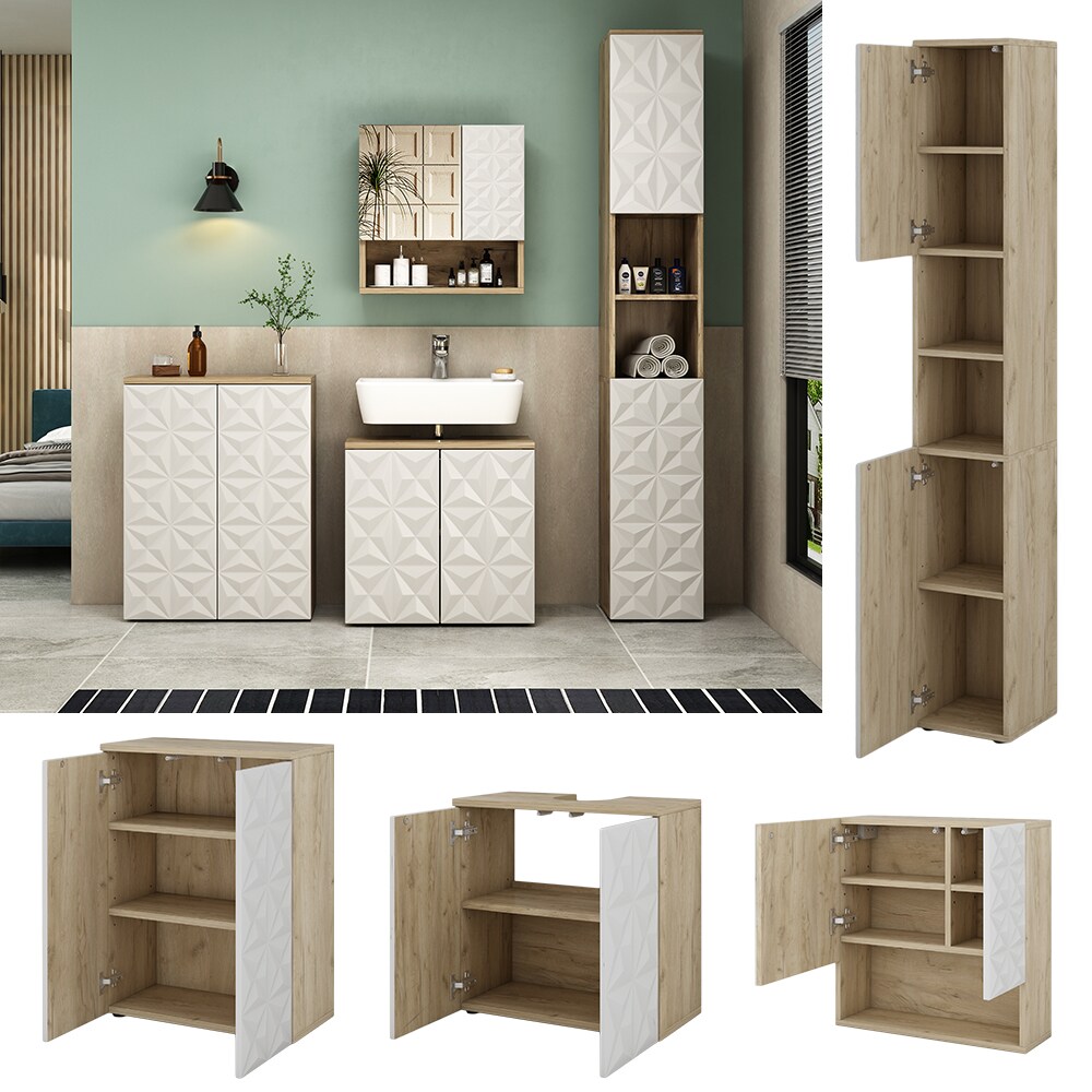 Vicco Badmöbel-Set Badezimmer-Möbel Bad-Schrank Edge Eiche Weiß modern Badezimmerschrank Waschbeckenunterschrank Spiegelschrank Hochschrank Badezimmerkommode