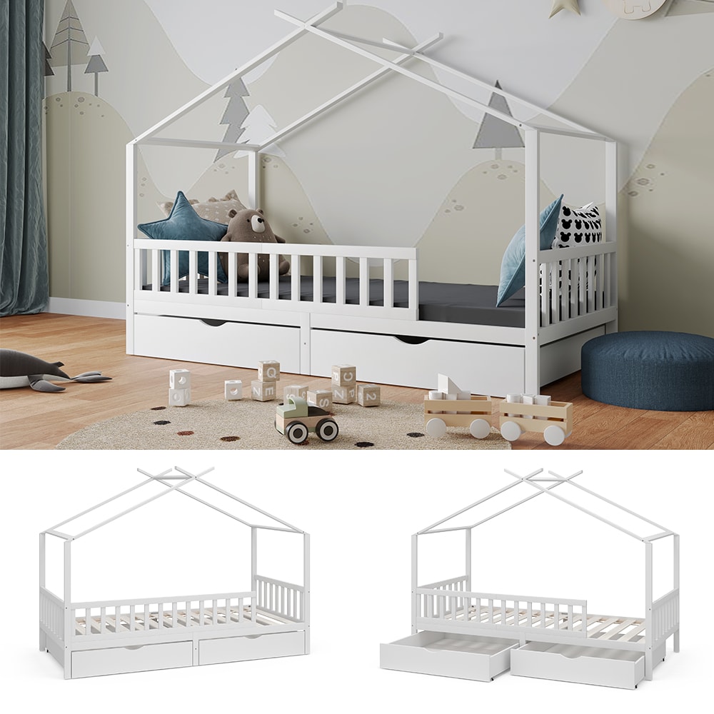 Vitalispa Kinderbett Bettenhaus Einzelbett Franka Wei&szlig; 200 x 90 cm modern Kinderzimmer Bett Bettschublade Lattenrost Rausfallschutz - Bild 1
