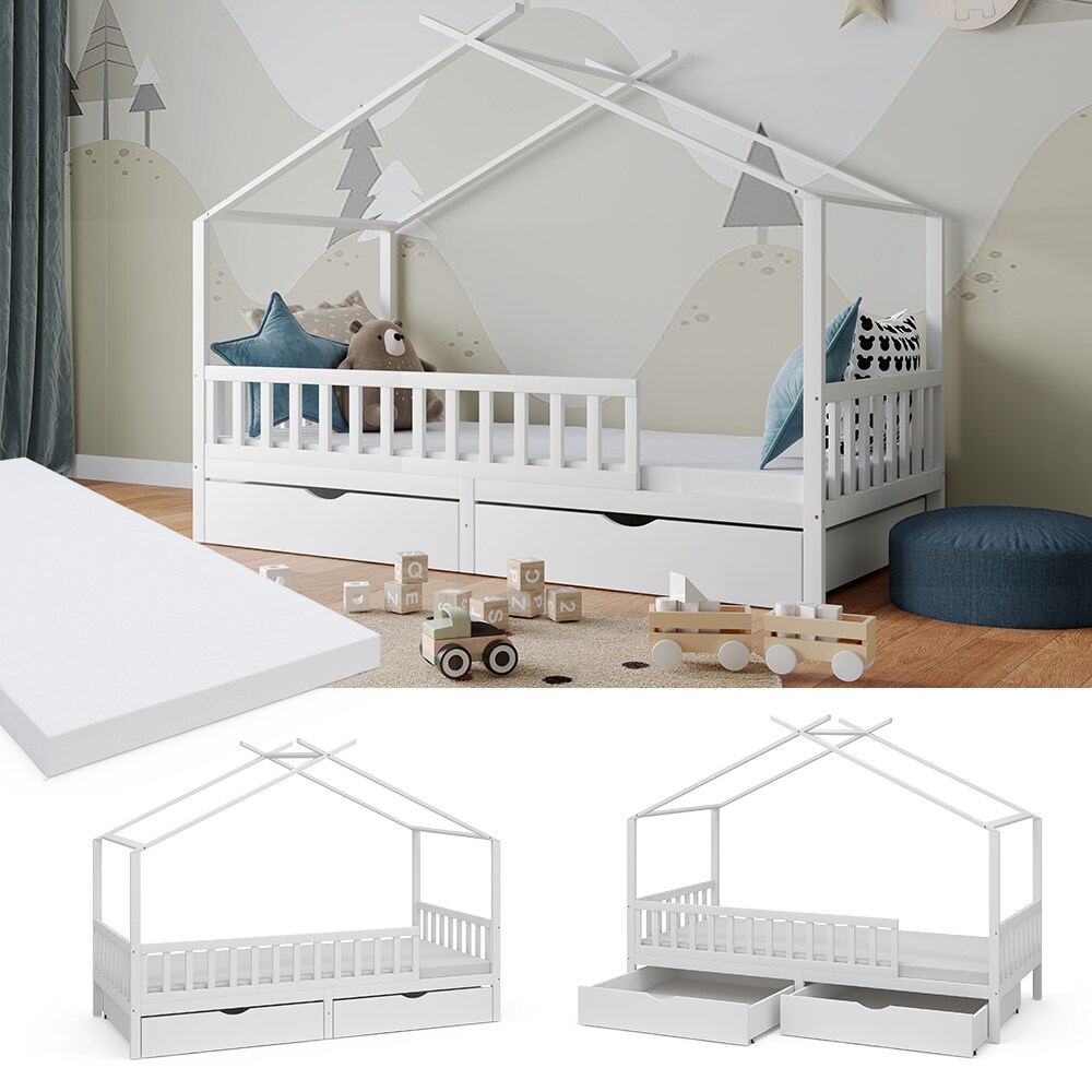 Vitalispa Kinderbett Bettenhaus Einzelbett Franka Weiß 200 x 90 cm Matratze modern Kinderzimmer Bett Bettschublade Lattenrost Rausfallschutz