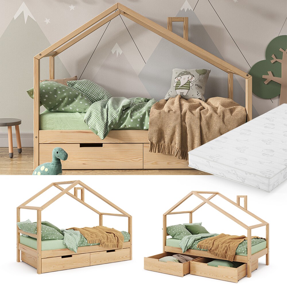 VitaliSpa Kinderbett Lori 160x80cm Natur Hausbett inkl. Matratze & Schublade - Bild 1