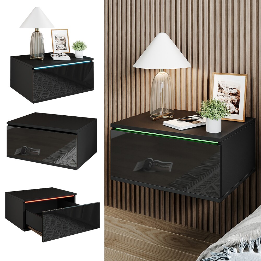 Vicco Nachtschrank Samira 49 x 38 cm, Schwarz Hochglanz + LED, Fernbedienung - Bild 1