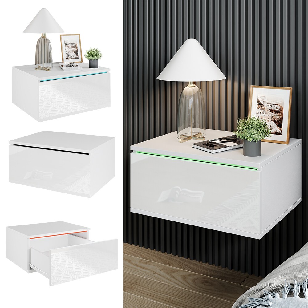 Vicco Nachtschrank Samira 49 x 38 cm, Weiß Hochglanz + LED, Fernbedienung | 04066731278152