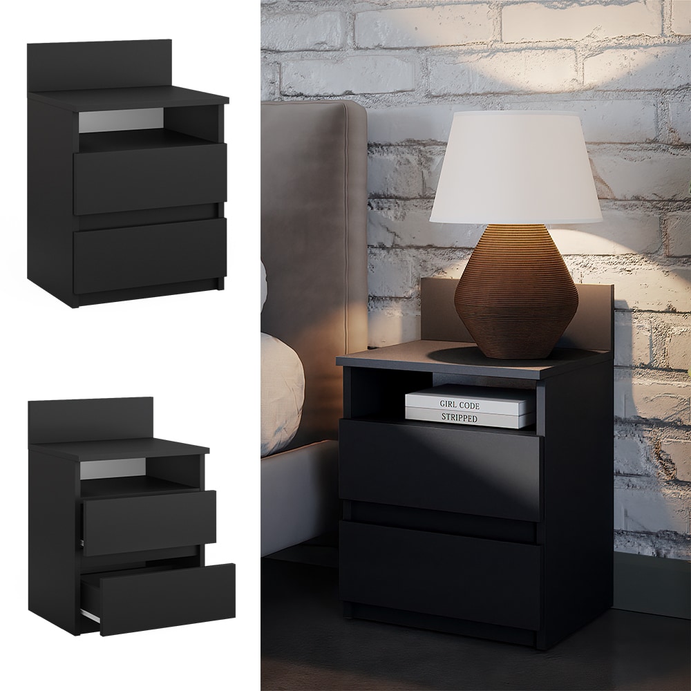 Vicco Nachttisch Monty, 39,6 x 59,1 cm, Schwarz, Nachtschrank mit 2 Schubf&auml;cher - Bild 1