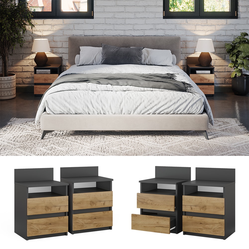 Vicco Nachttisch 2er Set Monty, 39,6 x 59,1 cm, Anthrazit Eiche, 2 Schubf&auml;cher - Bild 1