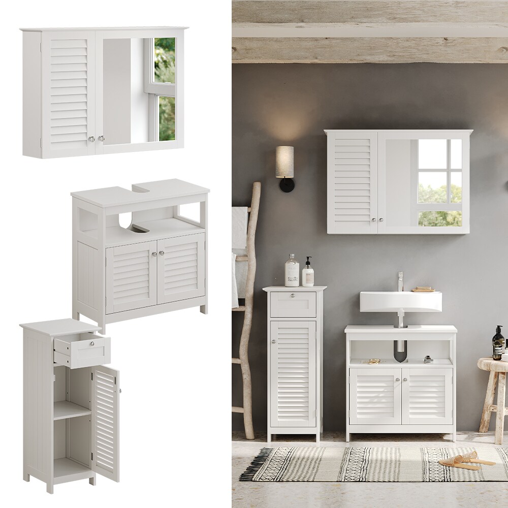 Vicco Badmöbel-Set Riad, Weiß, Badezimmer, moderne Badserie, Lamellen-Front, Waschtischunterschrank, Spiegelschrank, Midischrank