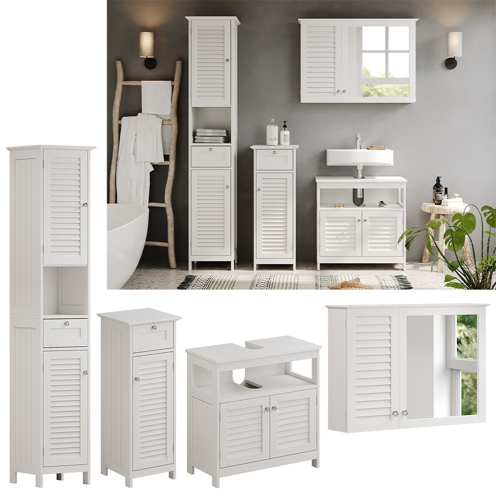 Vicco Badmöbel-Set Riad, Weiß, Badezimmer, moderne Badserie, Lamellen-Front, Waschtischunterschrank, Spiegelschrank, Midischrank, Hochschrank
