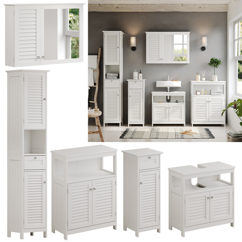 Vicco Badm&ouml;bel-Set Riad, Wei&szlig;, Badezimmer, moderne Badserie, Lamellen-Front, Waschtischunterschrank, Spiegelschrank, Midischrank, Hochschrank, Sideboard - Bild 1