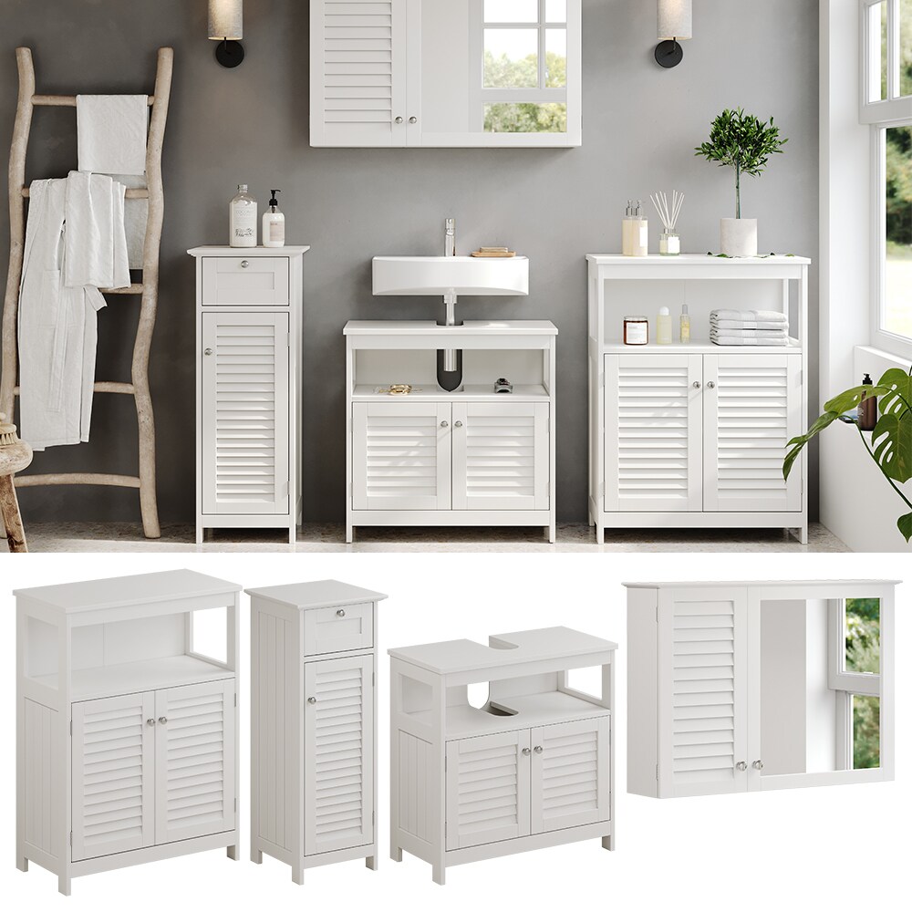 Vicco Badmöbel-Set Riad, Weiß, Badezimmer, moderne Badserie, Lamellen-Front, Waschtischunterschrank, Spiegelschrank, Midischrank, Sideboard