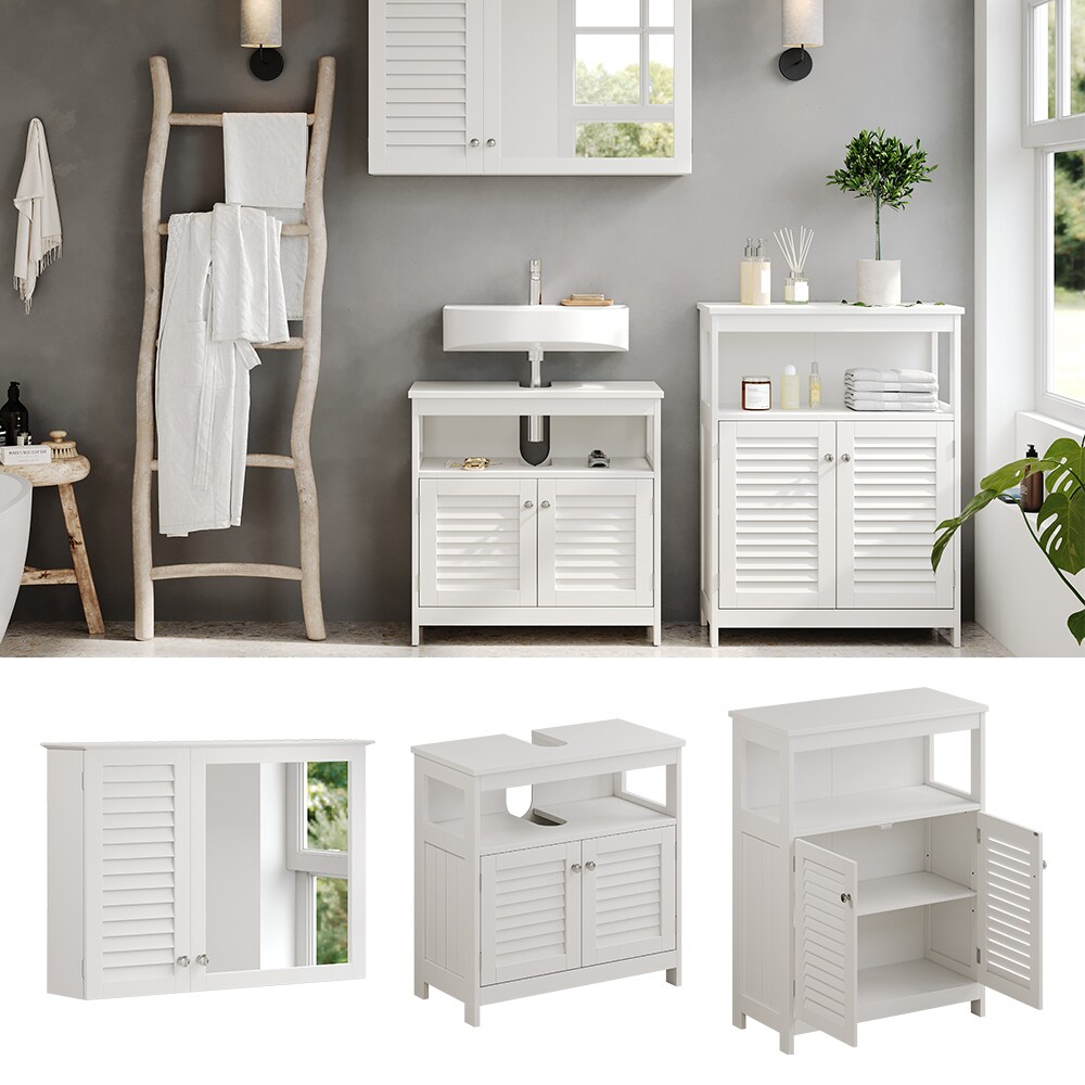 Vicco Badm&ouml;bel-Set Riad, Wei&szlig;, Badezimmer, moderne Badserie, Lamellen-Front, Waschtischunterschrank, Spiegelschrank, Sideboard - Bild 1