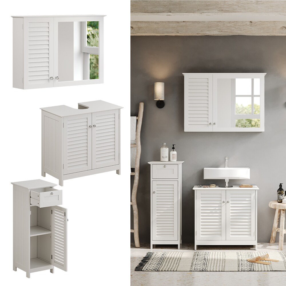 Vicco Badmöbel-Set Riad, Weiß, Badezimmer, moderne Badserie, Lamellen-Front, Waschtischunterschrank, Spiegelschrank, Midischrank