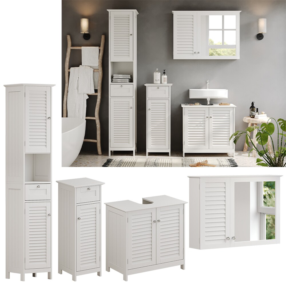 Vicco Badmöbel-Set Riad, Weiß, Badezimmer, moderne Badserie, Lamellen-Front, Waschtischunterschrank, Spiegelschrank, Midischrank, Hochschrank