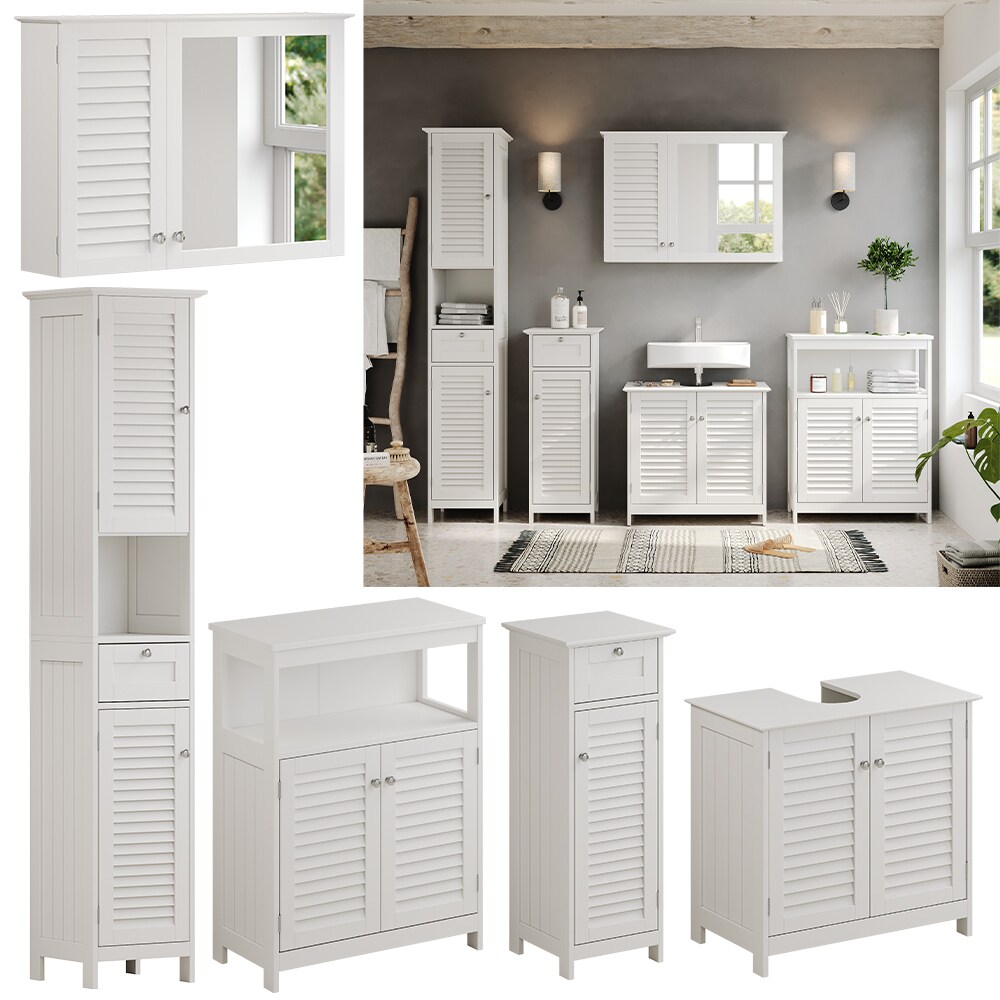 Vicco Badmöbel-Set Riad, Weiß, Badezimmer, moderne Badserie, Lamellen-Front, Waschtischunterschrank, Spiegelschrank, Midischrank, Hochschrank, Sideboard