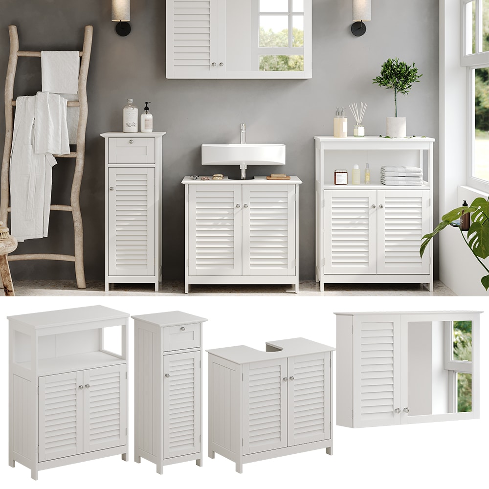 Vicco Badm&ouml;bel-Set Riad, Wei&szlig;, Badezimmer, moderne Badserie, Lamellen-Front, Waschtischunterschrank, Spiegelschrank, Midischrank, Sideboard - Bild 1