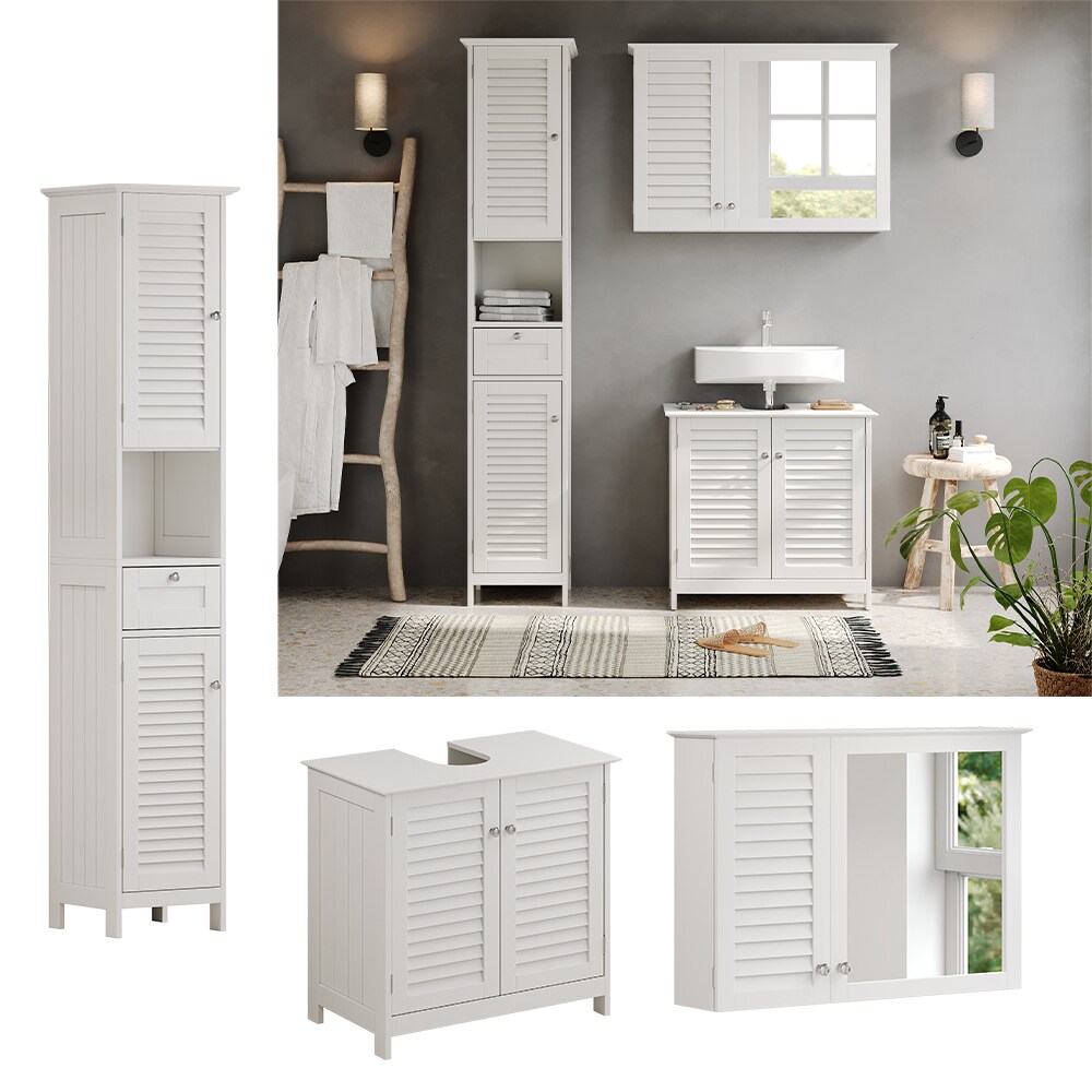 Vicco Badmöbel-Set Riad, Weiß, Badezimmer, moderne Badserie, Lamellen-Front, Waschtischunterschrank, Spiegelschrank, Hochschrank