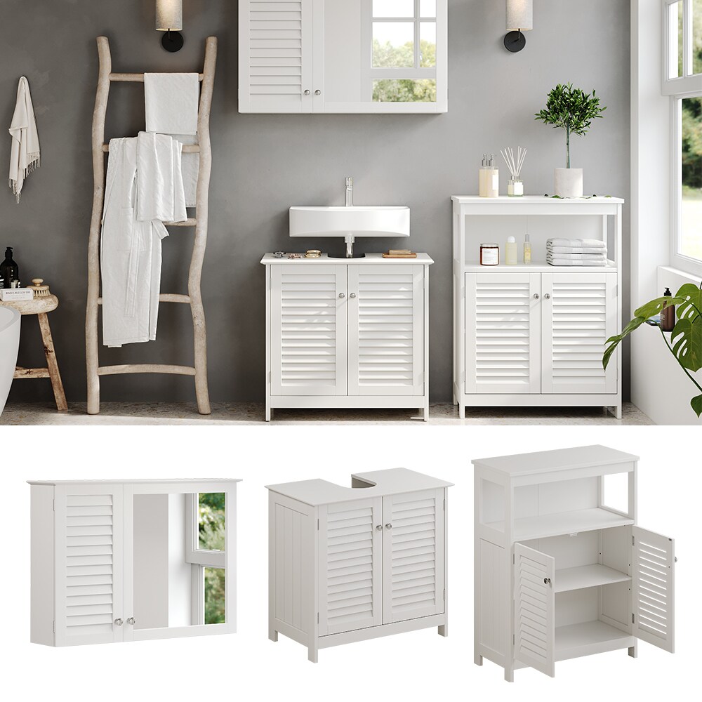 Vicco Badm&ouml;bel-Set Riad, Wei&szlig;, Badezimmer, moderne Badserie, Lamellen-Front, Waschtischunterschrank, Spiegelschrank, Sideboard - Bild 1