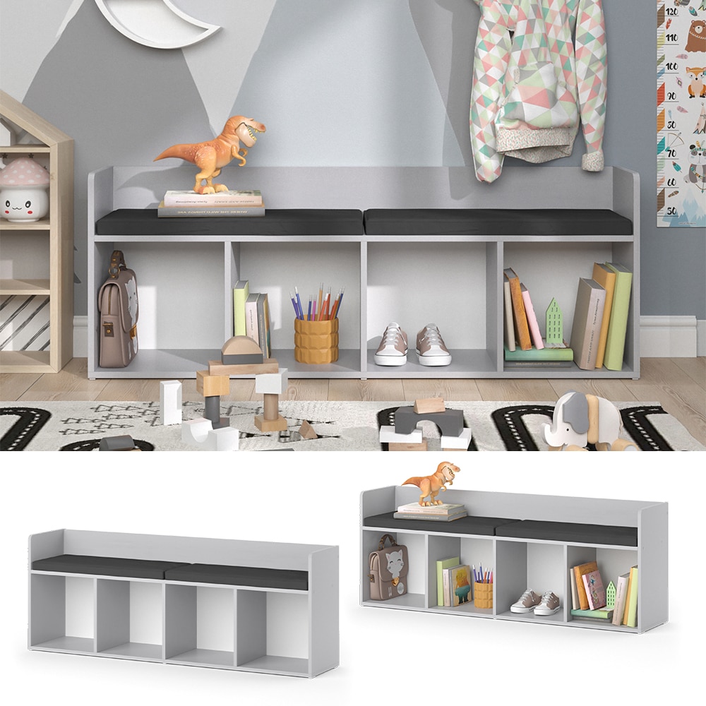 Vicco Sitzbank Kinderzimmerbank Kinderregal Luigi Hellgrau 142x53 cm modern Kinderzimmer Regal Aufbewahrungsregal B&uuml;cherregal Lesebank Spielzeugaufbewahrung Organizer Regal-Bank-Kombi 4 F&auml;cher - Bild 1