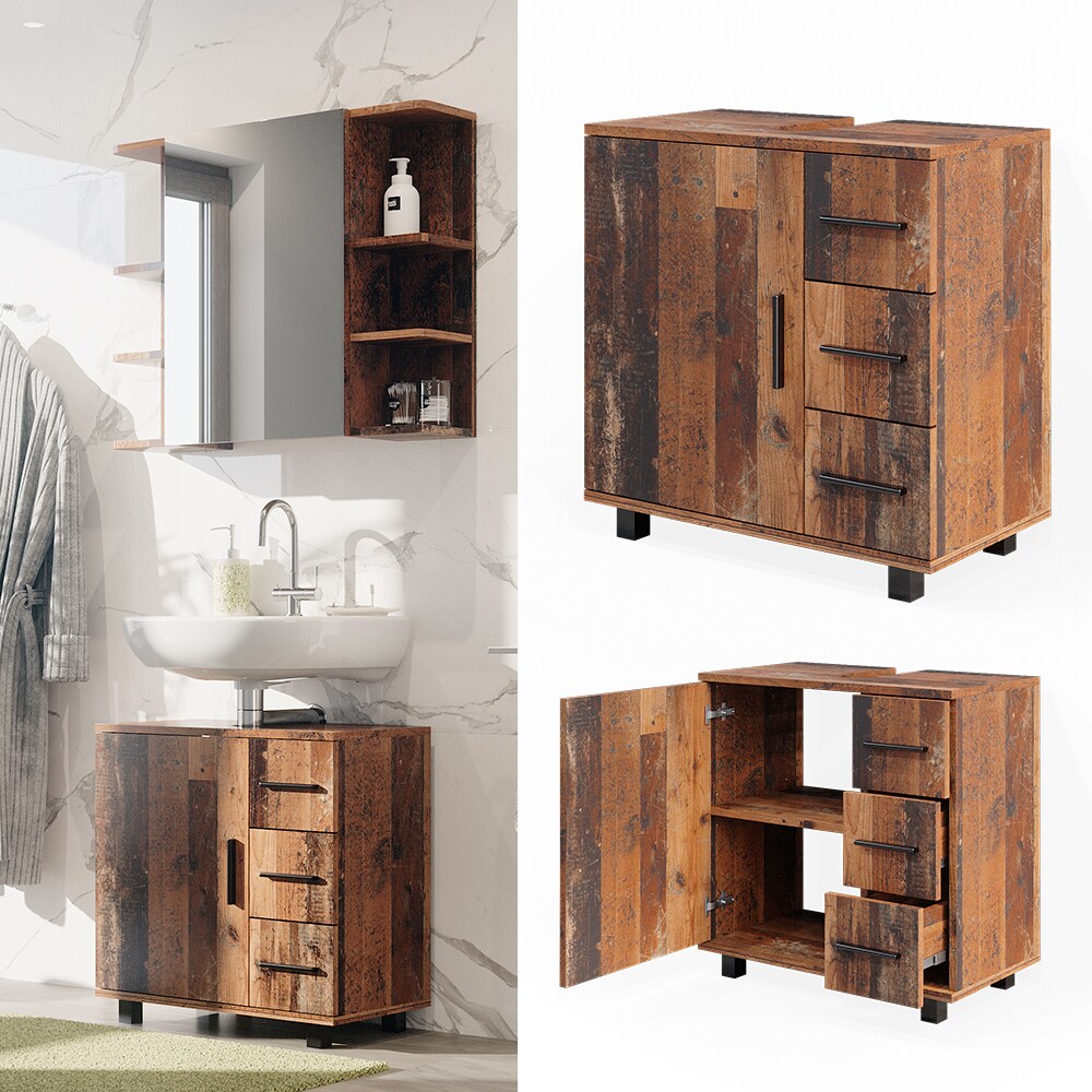 Vicco Waschtischunterschrank Waschbeckenunterschrank Ilias Old Style modern 60x61 cm Badezimmer Schrank Badschrank Badkommode Badm&ouml;bel 1 T&uuml;r 3 Schubladen - Bild 1