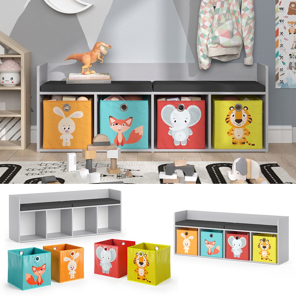Vicco Sitzbank Kinderzimmerbank Kinderregal Luigi Hellgrau 142x53 cm modern Faltbox Kinderzimmer Regal Aufbewahrungsregal Bücherregal Lesebank Spielzeugaufbewahrung Organizer Regal-Bank-Kombi 4 Fächer