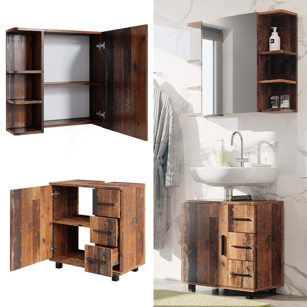 Vicco Badm&ouml;belset Ilias Old Style modern Badezimmerschrank Badschrank Badezimmerm&ouml;bel Waschtischunterschrank Waschbeckenunterschrank Spiegelschrank Schrankt&uuml;r Schrankfach Schrankschublade - Bild 1