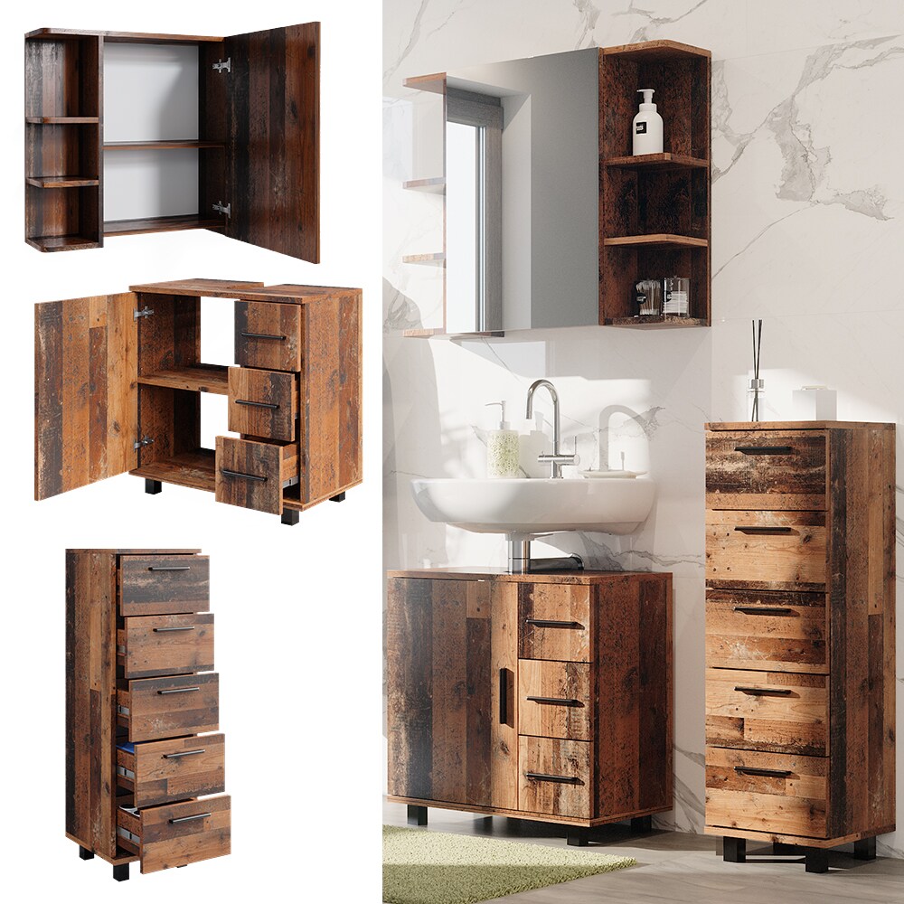 Vicco Badmöbelset Ilias Old Style modern Badezimmerschrank Badschrank Badezimmermöbel Waschtischunterschrank Waschbeckenunterschrank Spiegelschrank Schranktür Schrankfach Schrankschublade