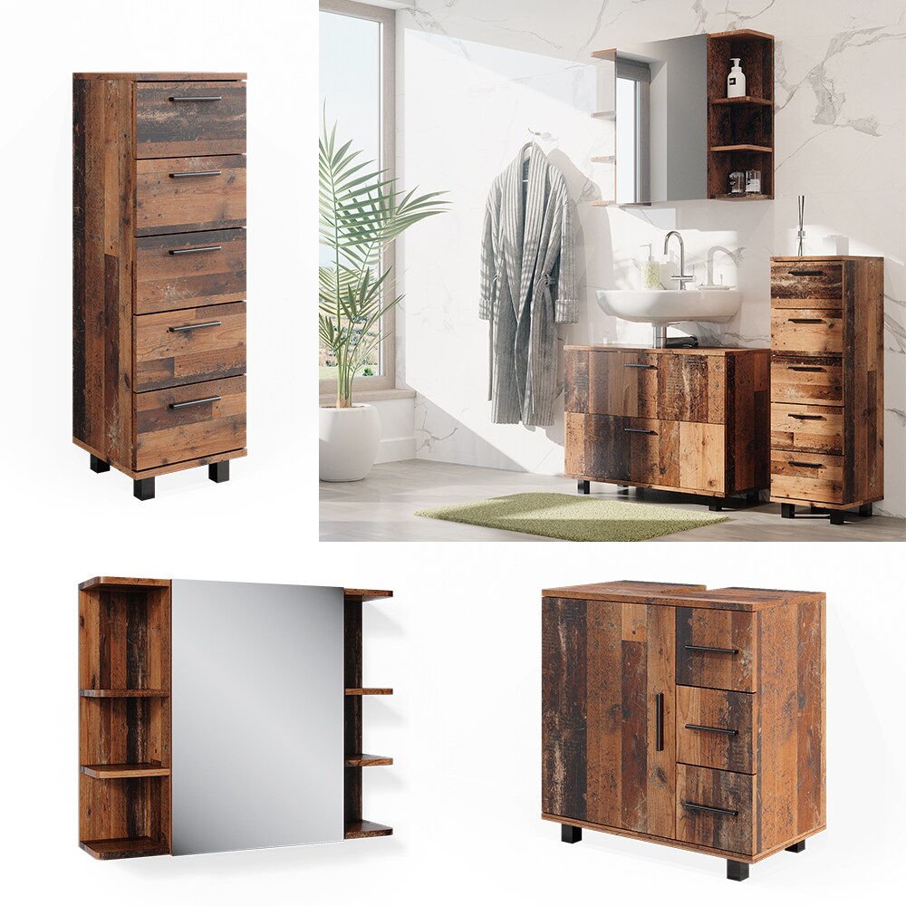 Vicco Badmöbelset Ilias Old Style modern Badezimmerschrank Badschrank Badezimmermöbel Waschtischunterschrank Waschbeckenunterschrank Spiegelschrank Midischrank Schranktür Schrankfach Schrankschublade