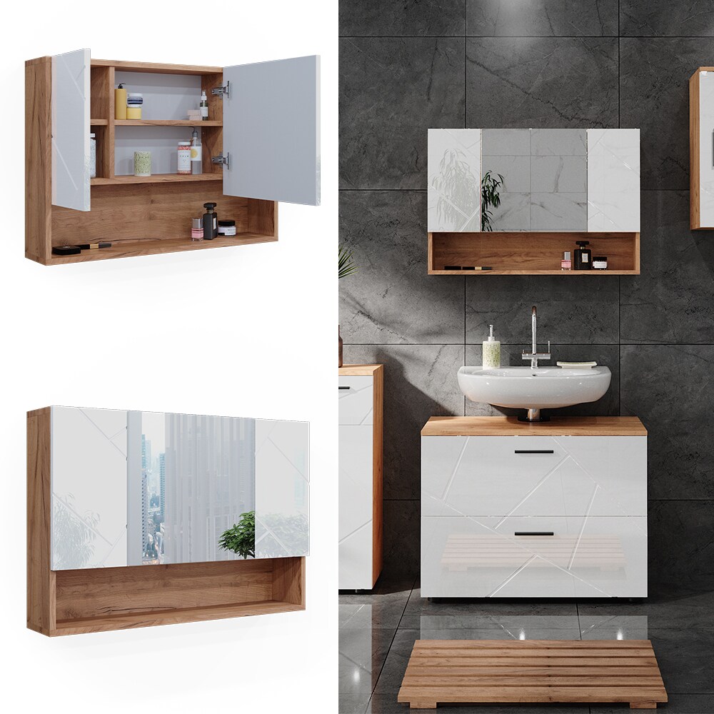 Vicco Spiegelschrank Badspiegel Wandspiegel Irma Eiche Weiß Hochglanz modern 80x55 cm Badezimmer Schrank Badschrank Badezimmermöbel Badmöbel 3 Türen