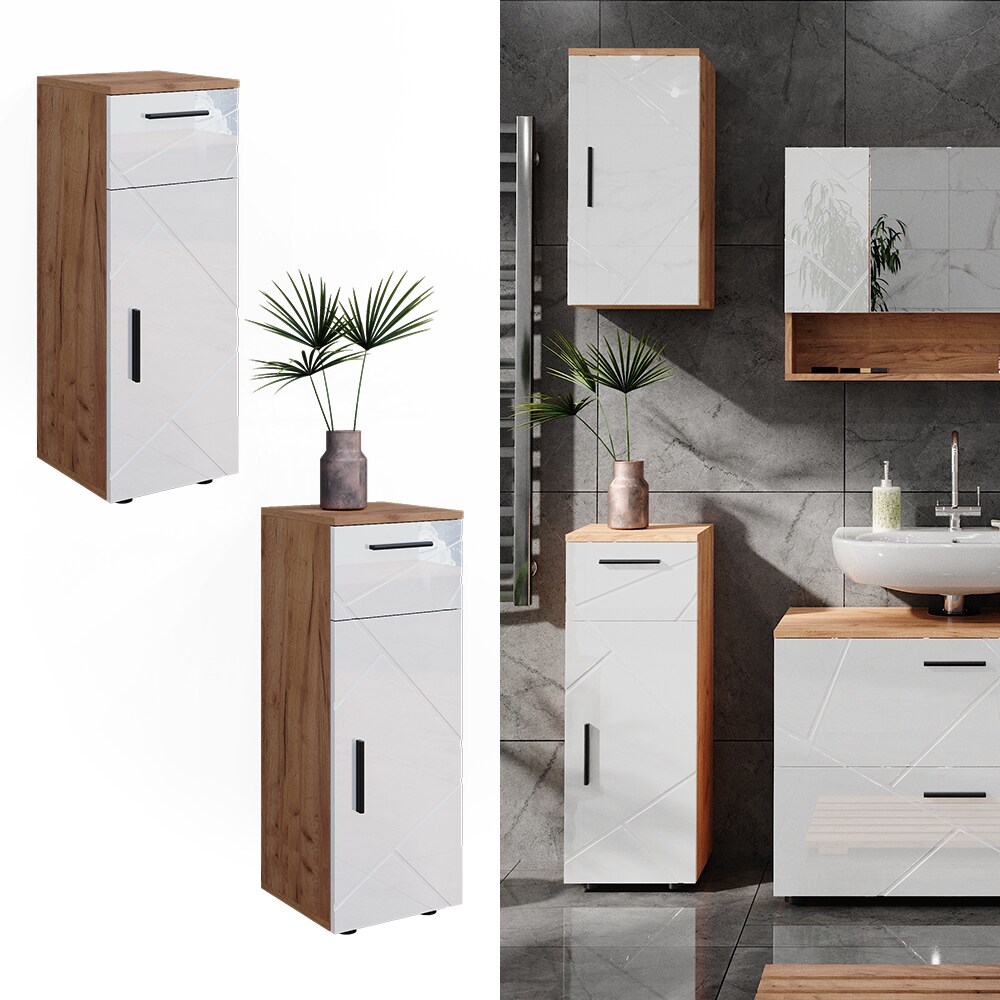 Vicco Midischrank Badschrank Badezimmermöbel Irma Eiche Weiß Hochglanz modern 30x81 cm Badezimmer Schrank Badkommode Badmöbel Schrankschublade Schranktür
