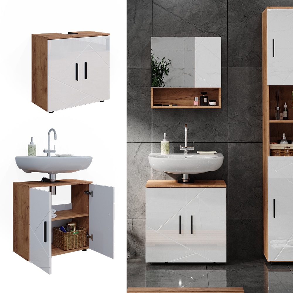 Vicco Waschtischunterschrank Waschbeckenunterschrank Irma Eiche Wei&szlig; Hochglanz modern 60x59 cm Badezimmer Schrank Badschrank Badkommode Badm&ouml;bel 2 T&uuml;ren - Bild 1