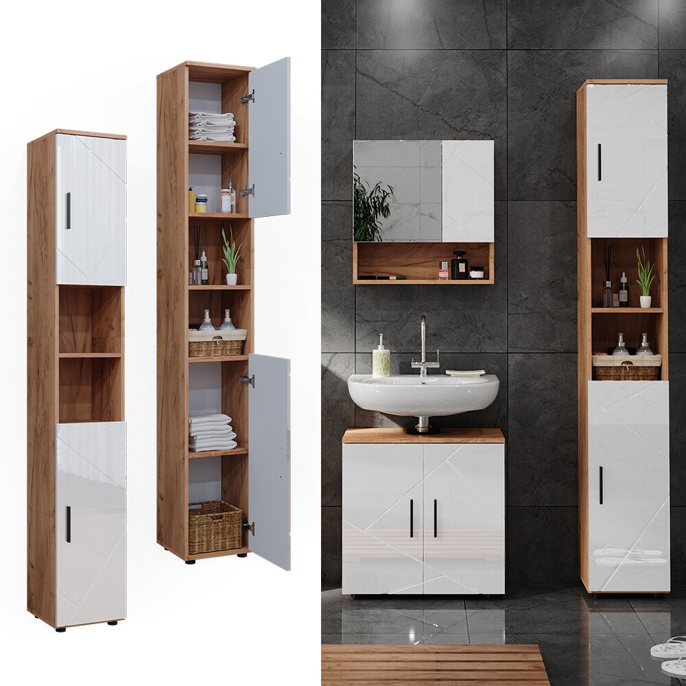 Vicco Hochschrank Badschrank Badezimmermöbel Irma Eiche Weiß Hochglanz modern 30×192 cm Badkommode Badezimmer Schrank Badmöbel 2 Türen 6 Fächer | 04066731273492