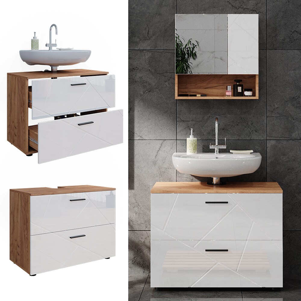 Vicco Waschtischunterschrank Waschbeckenunterschrank Irma Eiche Weiß Hochglanz modern 80×59 cm Badezimmer Schrank Badschrank Badkommode Badmöbel 2 Schubladen | 04066731273515