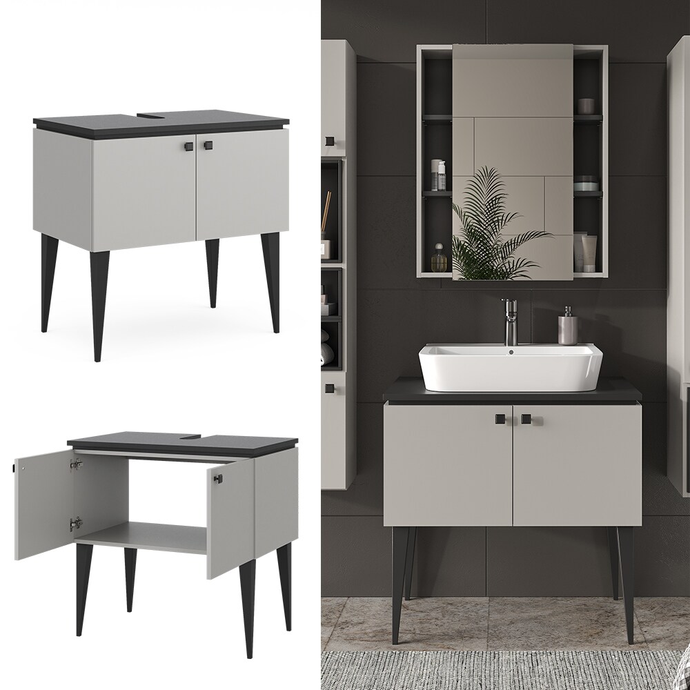 Vicco Waschtischunterschrank Gerta, 80 x 79 cm, Grau-Schwarz, Unterschrank Badezimmer | 04066731273584