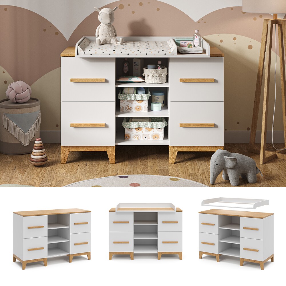 VitaliSpa Wickelkommode Malia XL 133 x 70 cm, Weiß Eiche, Wickeltisch, Wickelauflage | 04066731273706