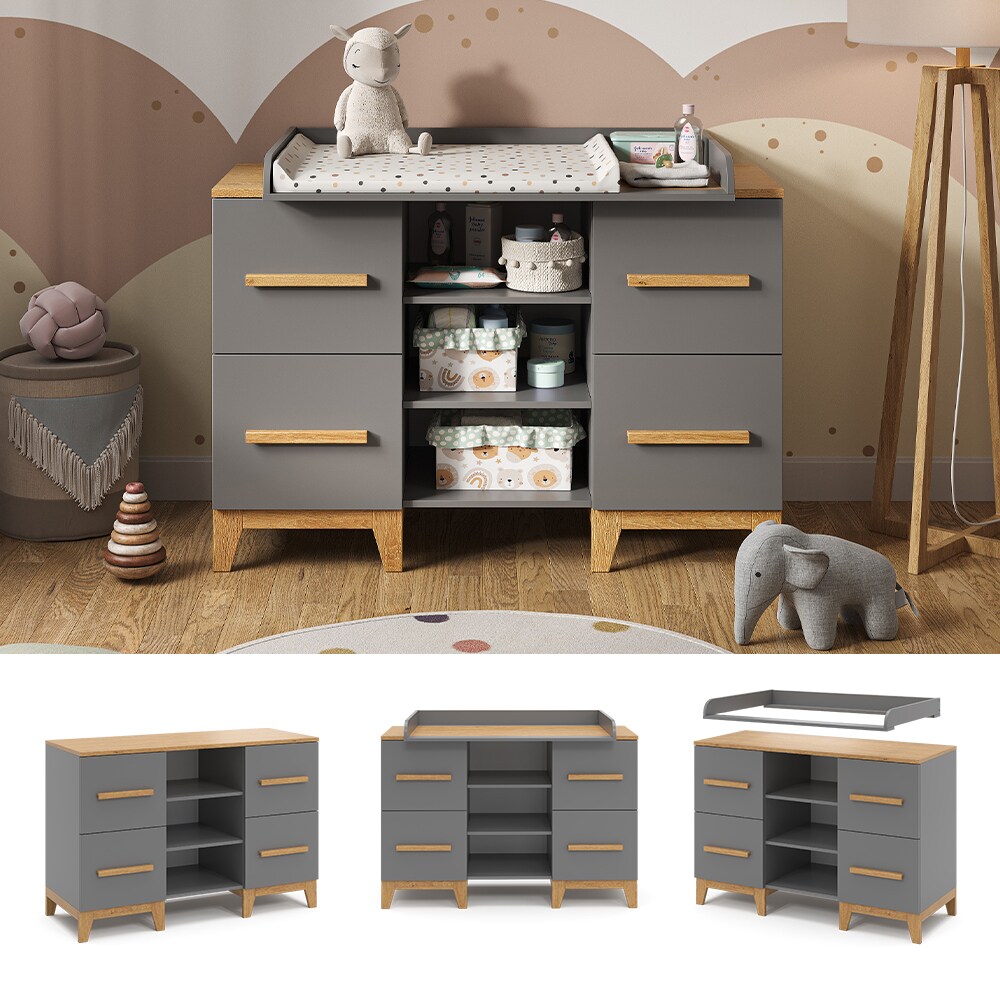VitaliSpa Wickelkommode Malia XL 133 x 70 cm, Grau Eiche, Wickeltisch, Wickelauflage - Bild 1