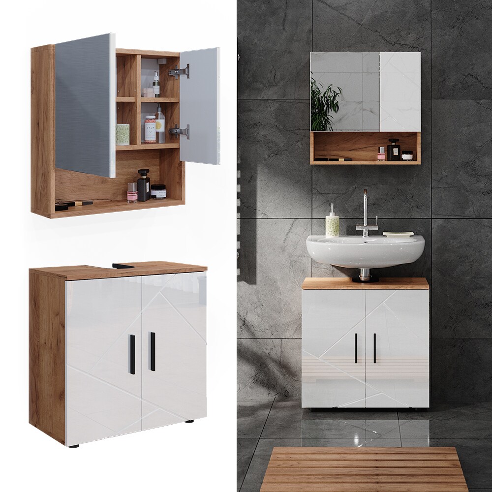 Vicco Badm&ouml;belset Irma Eiche Wei&szlig; Hochglanz modern Badezimmerschrank Badschrank Badezimmerm&ouml;bel Waschtischunterschrank Spiegelschrank Schrankt&uuml;r Schrankfach - Bild 1
