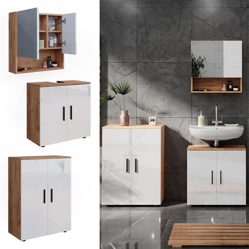 Vicco Badm&ouml;belset Irma Eiche Wei&szlig; Hochglanz modern Badezimmerschrank Badschrank Badezimmerm&ouml;bel Waschtischunterschrank Spiegelschrank Kommode Schrankt&uuml;r Schrankfach - Bild 1