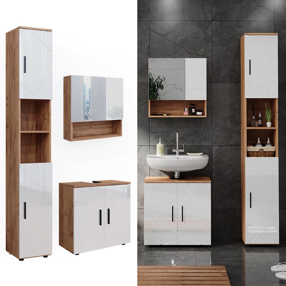Vicco Badmöbelset Irma Eiche Weiß Hochglanz modern Badezimmerschrank Badschrank Badezimmermöbel Waschtischunterschrank Spiegelschrank Hochschrank Schranktür Schrankfach | 04066731273409