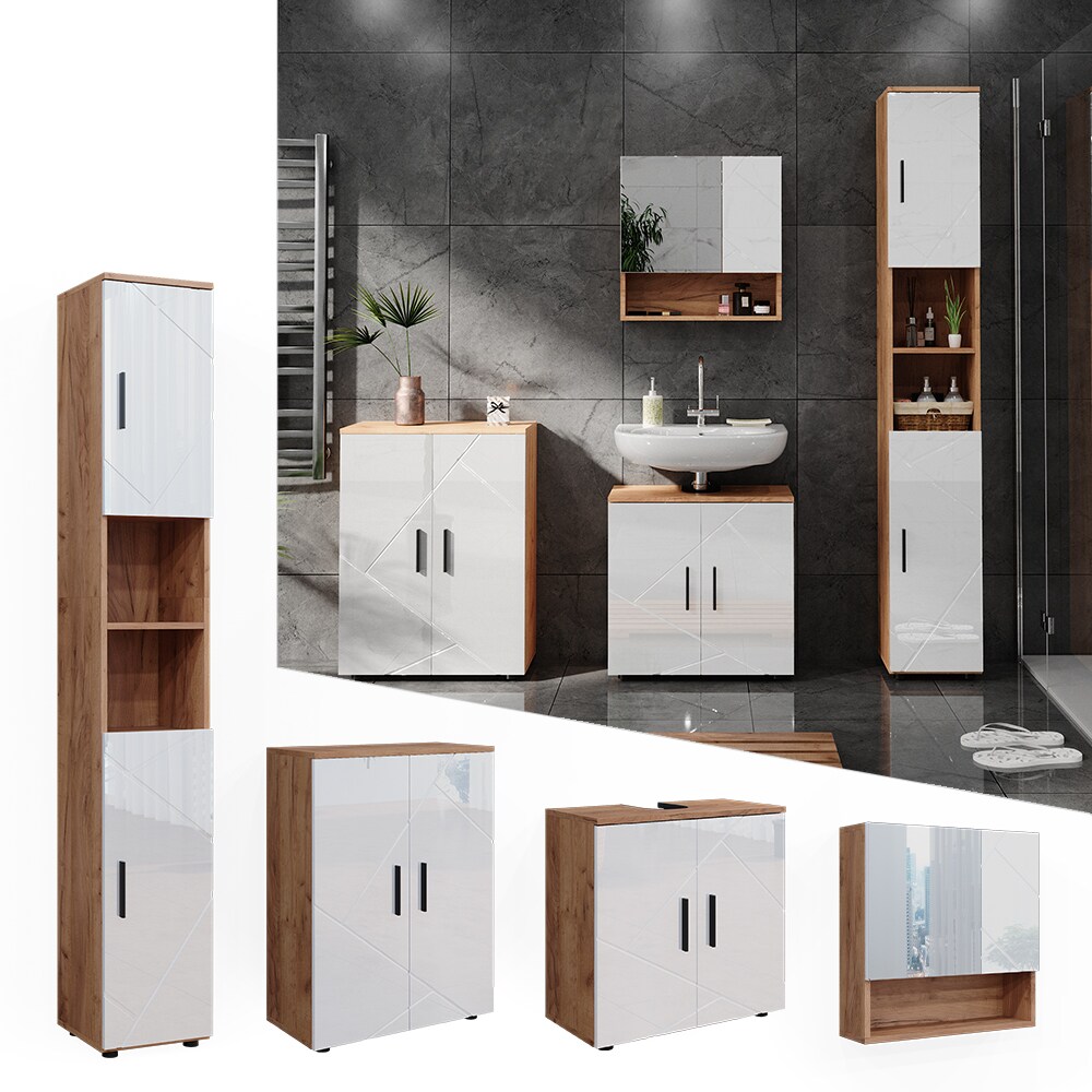 Vicco Badmöbelset Irma Eiche Weiß Hochglanz modern Badezimmerschrank Badschrank Badezimmermöbel Waschtischunterschrank Spiegelschrank Hochschrank Kommode Schranktür Schrankfach